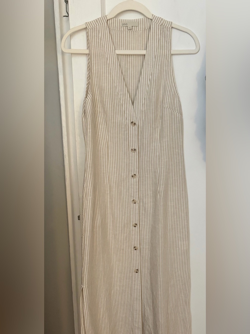 Onia Beige and White Striped Button-Front Maxi dress